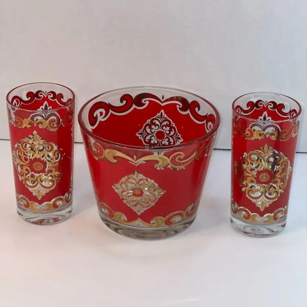 Starlyte Culver Red & 24K Gold Baroque Medallion Cocktail Ice Bucket & 2 Gasses